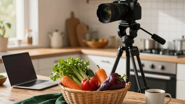 A professional photography setup in a sunlit North American / European studio kitchen. A camera on a tripod is focused on a vibrant basket of local farm vegetables on a rustic table. The scene includes a laptop, notebook, and a coffee mug. Palette accents include Matte Forest Green textiles and Deep Ripe Crimson vegetables.