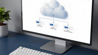 Professional photography of a minimalist North American / US tech workspace. A deep slate blue desk surface holds a clean mechanical keyboard and a high-resolution display showing a sophisticated cloud architecture diagram. The lighting is crisp and efficient, with soft shadows and a focused, professional mood using a palette of brilliant white and muted blue-grey.