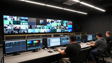 Cinematic wide shot of a full production control room — multiple monitor walls displaying live streams, an editor working at a dual-workstation setup in the foreground, tungsten overhead lighting, gold-toned equipment rails, deep-black walls and ceiling, Long Beach studio environment