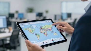 A professional logistics management scene in a modern office in Latinoamérica. A person in professional attire is reviewing a global shipping map on a tablet. The background shows a clean, bright logistics hub environment. Lighting is soft and professional with a steel blue and pale blue color palette.