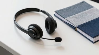 A professional South American / Brazilian office interior for a tele-service company, showing a clean modern desk with a headset, a high-end textile fabric swatch book nearby, soft natural lighting, with a palette of white, greyish blue, and navy.