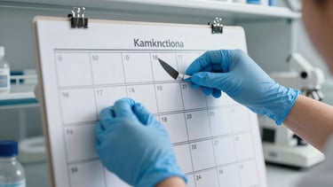 Close-up of hands in blue nitrile gloves organizing a visual Kanban board in a clean modern laboratory, high-precision focus, bright daylight