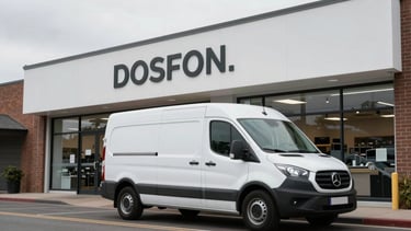 A physical retail storefront with overcast daylight, a clean delivery van parked outside with subtle branding.