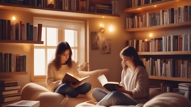A cozy reading nook with a stack of colorful self-help books and a warm cup of tea