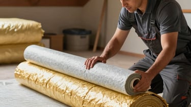 A professional Hispanic technician in a clean attic setting, installing thick rolls of gold and light gray insulation material. The lighting is warm and bright, highlighting a clean and organized workspace. Wide-angle shot, professional photography style, focusing on the comfort and efficiency of the home.