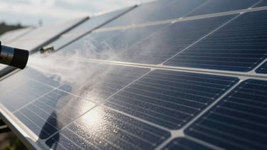 Extreme close-up of a photovoltaic solar panel surface under soft overcast daylight, steam nozzle entering from the left edge, fine steam jet visible across the glass cells, surface texture and cell grid sharply rendered, dark blue and silver tones, no glare, technical documentary framing