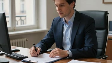Professional photography of a sophisticated financial consultant office in a Western European French architectural setting. Soft daylight illuminates a polished wooden desk with organized dossiers. The atmosphere is clear, trustworthy, and expert, incorporating accents of dark navy and light blue from the palette.