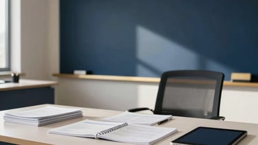 A clean, high-end professional educational office in Argentina, featuring a minimalist aesthetic with navy blue and soft gold accents. Soft sunlight illuminates a modern desk with high-quality study materials and a digital tablet. The atmosphere is calm, prestigious, and focused on vocational success.