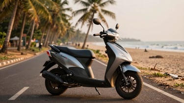 A clean Honda Dio 125 parked on a quiet, palm-fringed beach road in Gokarna, warm low-sun highlighting the metallic surfaces, 35mm lens