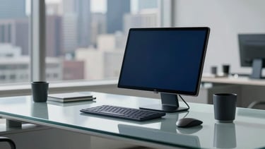 A sophisticated North American office setting featuring a minimalist glass desk and high-end tech. Soft natural light illuminates a professional atmosphere. In the background, a blurred view of a modern US city skyline is visible. The scene uses a palette of navy blue and cool grey to convey innovation and strategic business acumen.