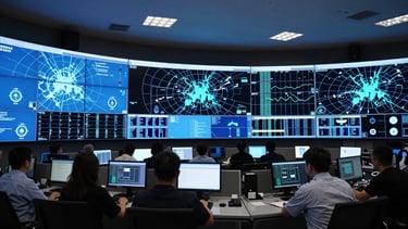 Wide panoramic shot of an elite security monitoring center, multi-screen data walls displaying blue and cyan digital maps, high-density telemetry, low-key lighting.