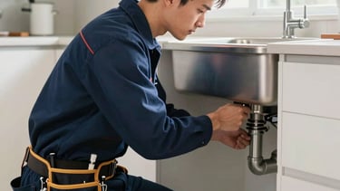 A professional North American plumbing technician in a clean navy blue uniform with a tool belt, inspecting pipes under a sink in a modern residential kitchen. Bright, clean, and professional photography with soft morning light. North American / US setting.
