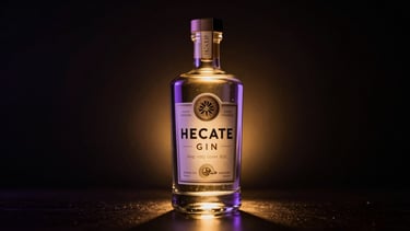 A monumental Hecate Gin bottle standing on a dark reflective surface, sharp golden and purple backlight creating a halo effect, macro lens, luxury editorial