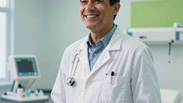 A professional South American / Colombian doctor in a white coat smiling warmly in a bright, modern medical office in Bucaramanga. The scene includes light blue and green accents, clean medical equipment, and natural light, reflecting trust and care.
