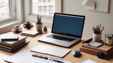 Photo of a neat desk with organized financial documents and a laptop