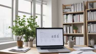 Softly lit workspace with calm, modern decor and bookkeeping tools