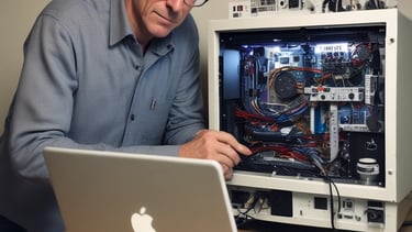 Technician repairing a desktop computer with tools on a workbench