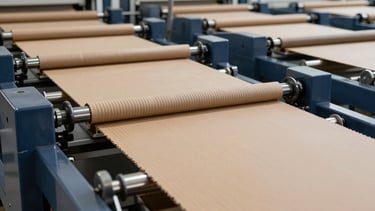 Wide panoramic view of a clean, high-tech corrugated box manufacturing line in Surat, precise machinery rollers pressing paper fluting, soft industrial daylight