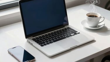 A high-angle professional photograph of a modern workspace in Lahore, Pakistan. A sleek silver laptop sits on a clean white desk next to a smartphone and a steaming cup of coffee. The lighting is bright and natural, coming from a large window. The atmosphere is efficient and tech-oriented, featuring a palette of navy, light grey, and steel blue accents.