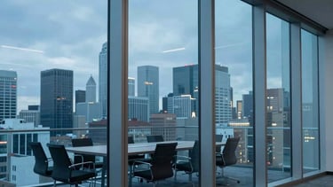 A photograph of a modern North American glass-walled meeting room overlooking a cityscape at blue hour. The interior lighting is soft mist blue, reflecting a professional and visionary business environment.
