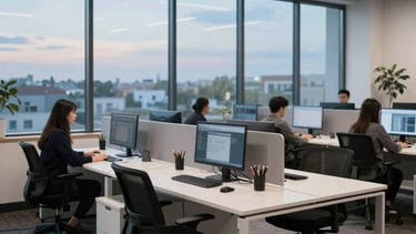 A wide photography shot of a collaborative workspace in a North American tech hub. Modern white desks, ergonomical chairs, and large windows revealing a soft sky blue atmosphere.