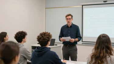 A professional and accessible classroom setting in Portugal. A teacher is mentoring an adult student in a brightly lit room featuring off-white and light grey blue walls. The mood is trustworthy and educational. There are muted gold accents in the decor. Wide-angle shot, soft lighting, professional photography.