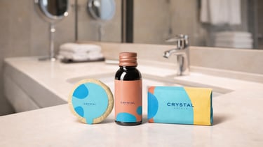 Crystal Hotels için tasarlanan banyo kozmetik ürünleri ve ambalaj tasarımı