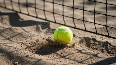 Macro shot of a beach tennis ball hitting the top of the net, sand particles flying, high-contrast natural sunlight, deep shadows, 85mm.