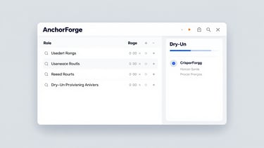Crisp software interface mockup of AnchorForge showing a role template configuration panel, username generation rules, and a dry-run provisioning preview with clean vector UI elements on a light gray canvas