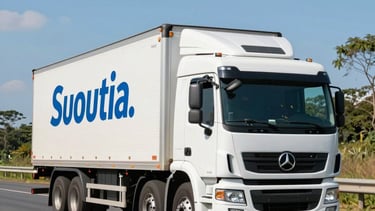 A professional photography shot of a modern white transport truck with blue branding driving through a clean, sunny South American Brazilian highway. The scene conveys trust and tranquility with bright natural light and a clear blue sky. Professional composition showing the efficiency of logistics.