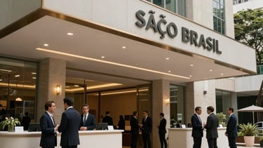 A sophisticated wide-angle photography shot of a high-end corporate convention center entrance in São Paulo, Brazil. Professional event planners in tailored suits are conversing near a large off-white reception desk. The lighting is soft and natural, emphasizing the meticulous organization and elegant architecture of the venue.