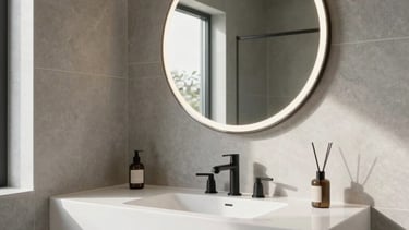 Clean architectural photography of a high-end minimalist bathroom in a North American / US home. The scene features a sleek white floating vanity with matte black faucets, a large circular backlit mirror, and soft gray stone walls. Natural morning light spills across the room, creating a serene, spa-like atmosphere.