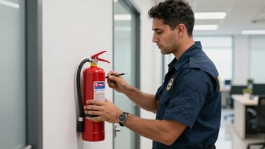 A professional fire safety inspector in a South American / Brazilian corporate setting, wearing a navy blue uniform vest, inspecting a red fire extinguisher mounted on a white wall. The lighting is bright and professional, conveying a sense of security and expertise in a modern office hallway.