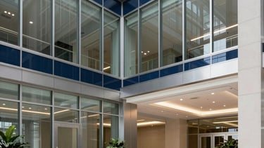 A high-end, professional photograph of a North American corporate office lobby, featuring clean glass surfaces, silver steel accents, and a sophisticated atmosphere in midnight blue and off-white tones.