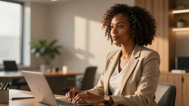 A professional Black woman consultant in a modern, warm-toned office, soft side lighting.