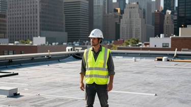 A professional roofing contractor wearing a white safety helmet and a high-visibility yellow vest, standing on a large commercial roof in New York City. The North American / NYC skyline with steel gray skyscrapers is visible in the background under clear daylight. The composition is industrial-grade and modern, focusing on structural safety and professional durability.