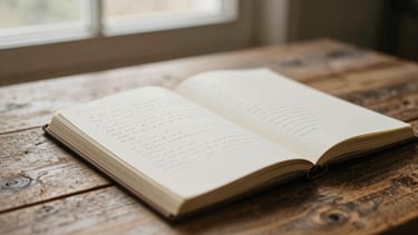 Close-up of an open journal with hand-written notes on a rustic wooden table, soft morning light filtering through a window, warm earthy tones, shallow depth of field