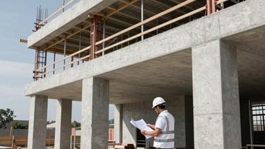A professional architectural photograph of a modern construction site in Meyreuil, France. A project manager in a white safety vest and helmet reviews building plans near a clean concrete elevation. The scene is illuminated by bright Mediterranean daylight, emphasizing structural durability and professional execution. High-quality construction aesthetic with steel and concrete.