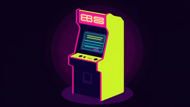 Wide panoramic vector illustration of a retro arcade cabinet glowing in cyber-lime and hot pink accents, dark synthwave backlighting