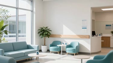 A wide professional shot of a modern, bright North American healthcare clinic interior. The lobby features minimalist furniture in light blue and teal hues, clean white walls, and large windows letting in natural sunlight. The atmosphere is calm, empathetic, and highly clinical yet welcoming.