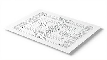 Overhead shot of a complex but clean architectural diagram showing data flow and automation steps, bright studio lighting, white background, sharp focus, 50mm lens, 21:9 panoramic frame