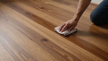Wide overhead shot of a technician applying maintenance oil to a finished jatoba floor, north-facing daylight, cloth applicator moving in the direction of the grain, no furniture visible, the oil darkening the wood in a precise strip