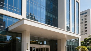 A high-end, professional architectural photograph of a modern corporate building entrance in a major South American city. The scene features clean glass facades reflecting a bright blue sky, with manicured landscaping and a sophisticated atmosphere. Sharp focus, daylight, dominated by Royal Blue and Off-white tones.