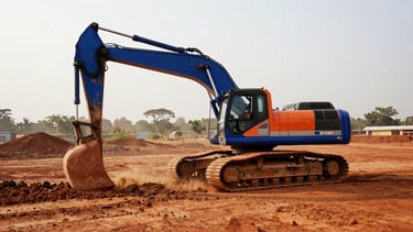 Excavatrice moderne en action sur un sol latéritique rouge au Togo, soleil couchant, poussière dorée.
