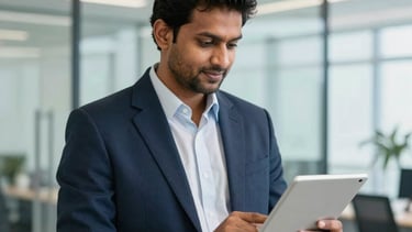 A professional South Asian / Indian male executive in a corporate suit standing in a modern, bright glass-walled pharmaceutical office in Bangalore. He is looking at a digital tablet with a confident and trustworthy expression. Soft navy blue and light gray interior design elements in the background.