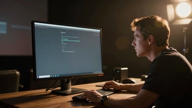 Anamorphic 2.39:1 wide cinema still, behind-the-scenes film set, director looking at a high-end monitor under moody studio lighting, warm yellow accents cutting through deep shadows.