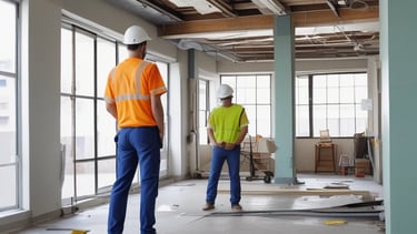 A skilled technician repairing a commercial building exterior on a sunny day.