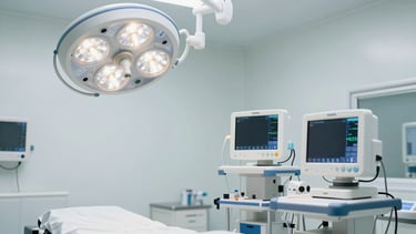 A clean, modern hospital trauma room with advanced medical monitors and surgical lights, bright clinical lighting, professional medical setting, soft high-key tones, sharp 50mm lens