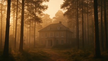 Wide panoramic environmental shot of a secluded forest estate at golden hour, soft light filtering through pine trees, misty morning air, quiet luxury feel