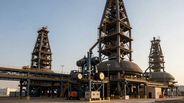 A professional wide-angle photograph of a modern industrial complex in Jubail, Saudi Arabia, featuring structural steel and large-scale engineering equipment under a clear sky. The scene uses a palette of deep charcoal, slate blue, and warm sand tones. Middle Eastern / Gulf industrial setting with sunset lighting casting long shadows across the site.